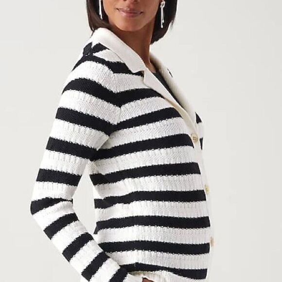 J. Jill Wearever Textured Collared Cardigan Striped Black/Cream size L NWOT - Picture 1 of 6